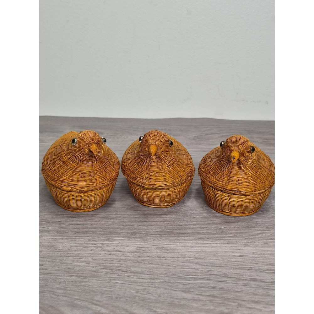 Vintage Rattan Woven Baby Chick Hen Nest Basket Lid Set Of 3 Cottage Farmhouse